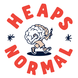 Heaps Normal Logo featuring cartoon of brain on legs with arms and hands holding a can in one and fork int he other