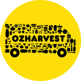 OzHarvest Logo featuring a van shape of black filled icons of food and food prep items on a yellow background