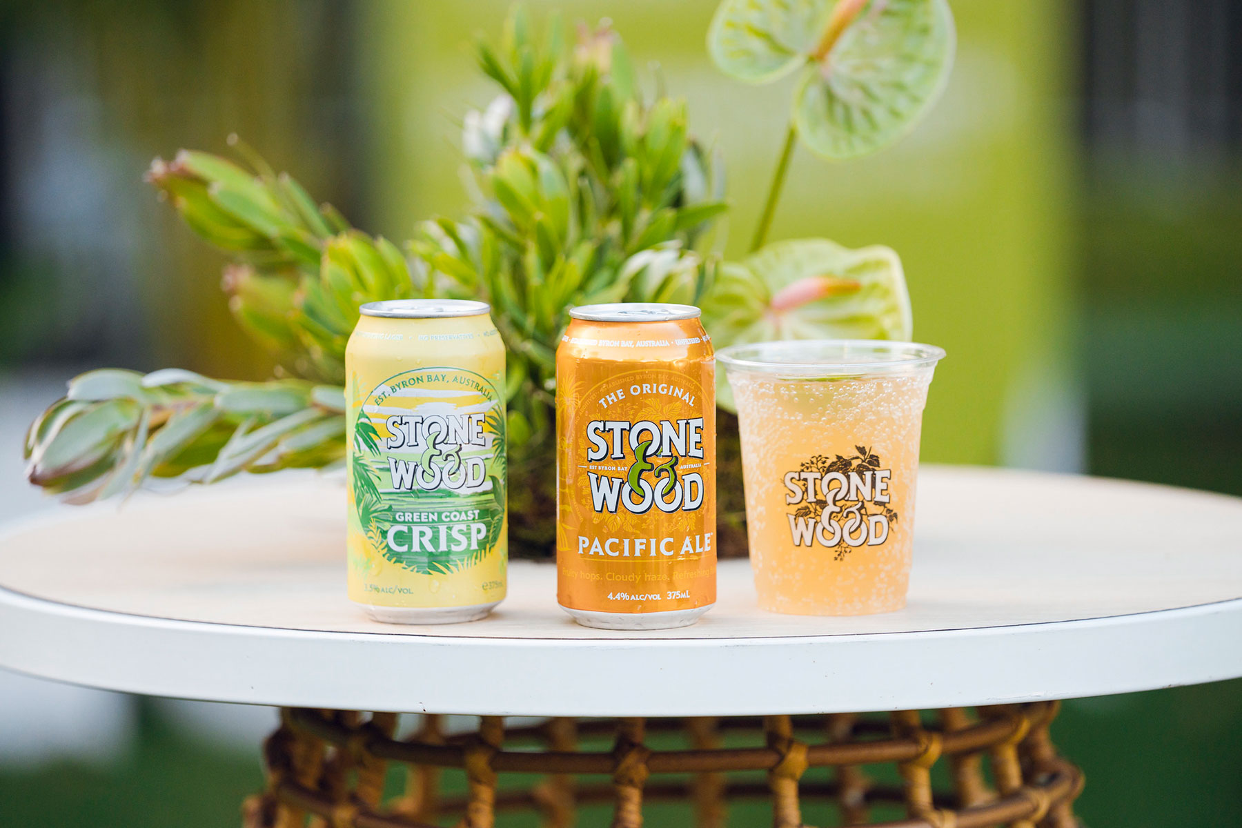 Two cans and one cup of Stone And Wood Branded Beer on a table with a floral arrangement behind