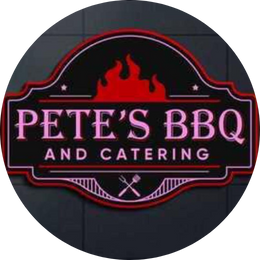 Petes BBQ and Catering Logo featuring red drawn flames at the top and drawn fork and spatula under text